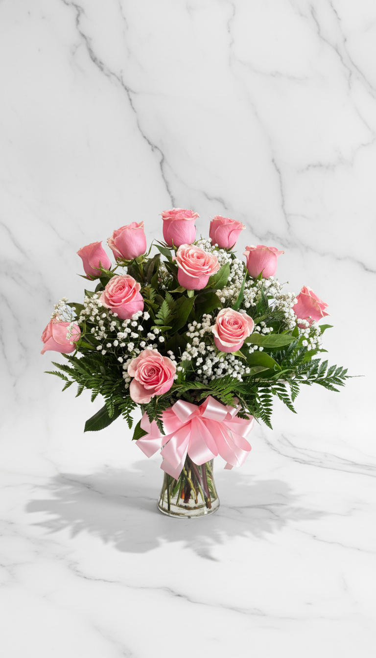12 light pink roses in vase