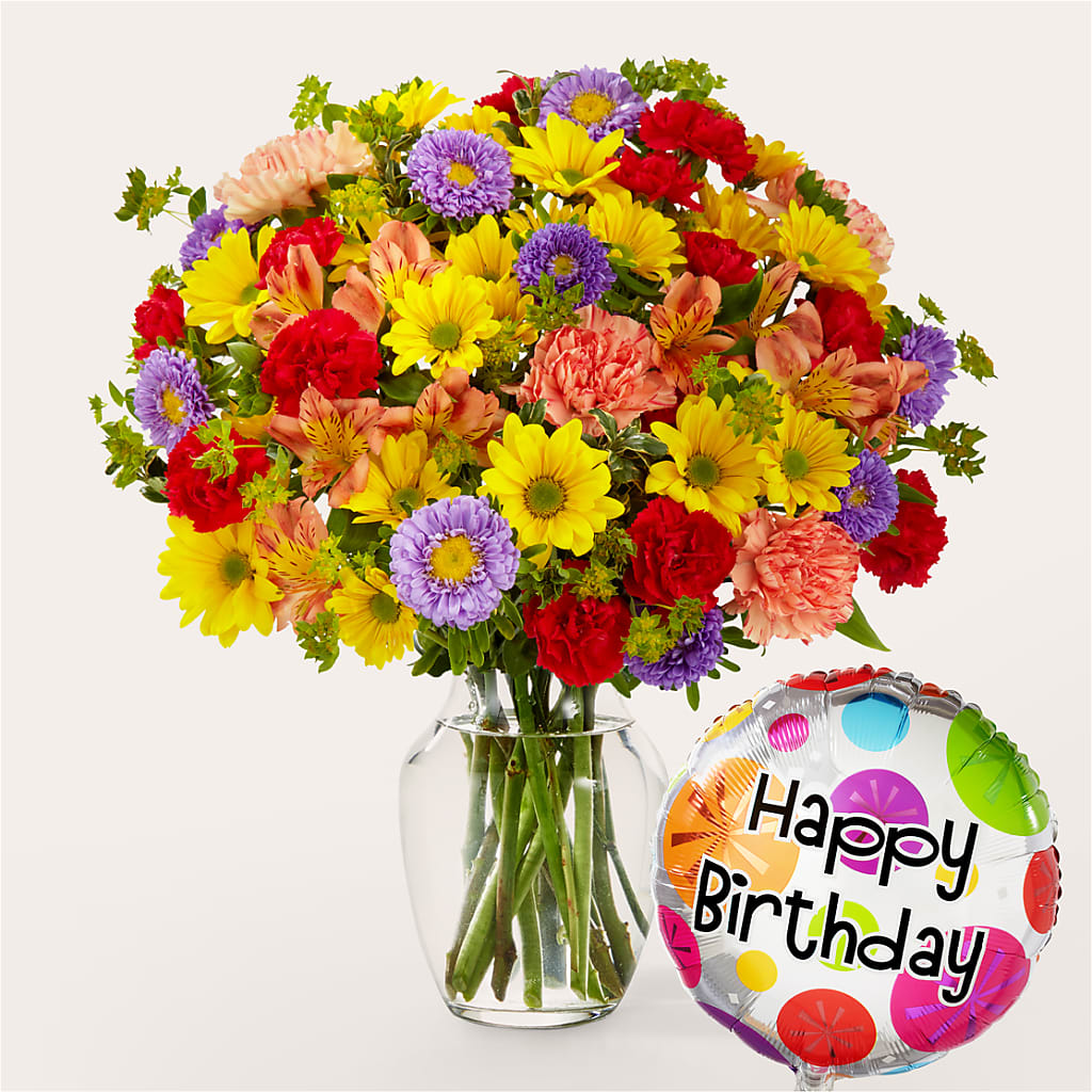 Kaleidoscope Bouquet with Birthday Balloon – Flowers By Lorena, Chino CA