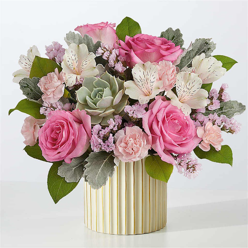 Dusty Rose Bouquet with Ivory Vase – Flowers By Lorena, Chino CA