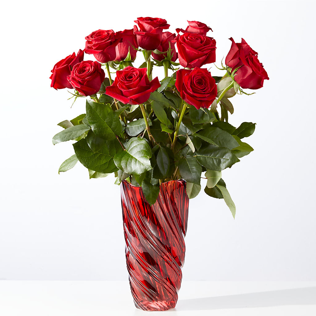 Classic Love Red Rose Bouquet with Luxe Swirl Vase – Flowers By Lorena, Chino CA