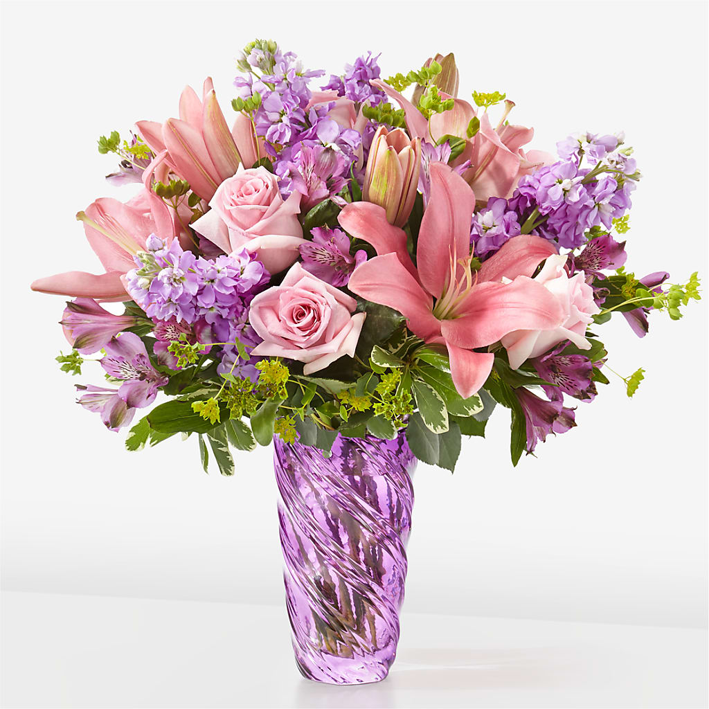 Precious Petals Bouquet with Luxe Swirl Vase – Flowers By Lorena, Chino CA