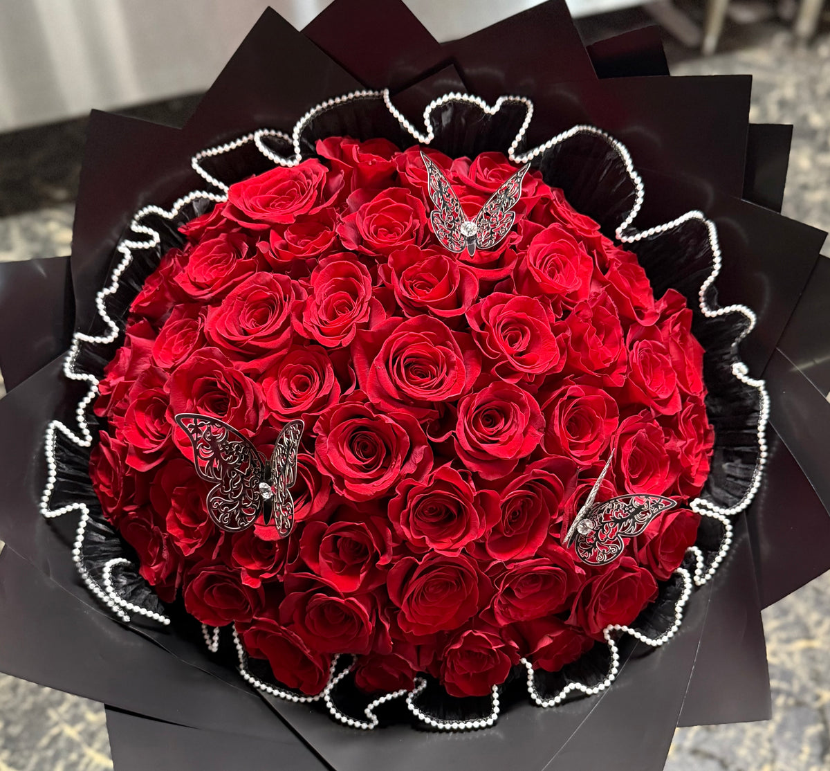 Ramo Buchon 50 Roses (wrapped） –  Flowers By Lorena, Chino CA